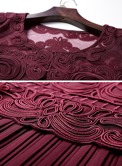 Wine Red Embroidered Waist Pleated Dress