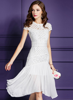 White Stitching Lace Asymmetric Hem Dress