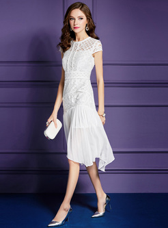 White Stitching Lace Asymmetric Hem Dress