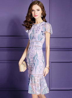 Purple Embroidered High Waist Mermaid Dress