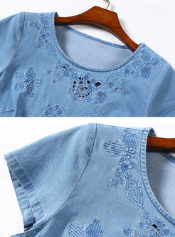 Blue Embroidery Short Sleeve Denim Dress