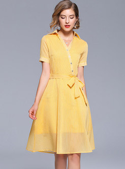 Brief Yellow V-neck Belted A Line Dress