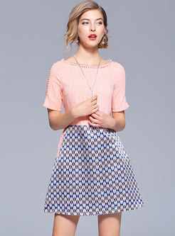 Pink Color-blocked Short Sleeve A Line Dress