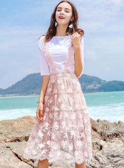 White Round Neck T-shirt & Pink Sweet Lace Slip Dress