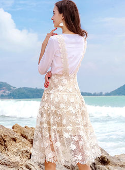 White Round Neck T-shirt & Apricot Sweet Lace Slip Dress
