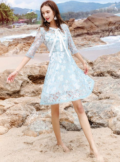 Blue Lace Hollow Out Tied Skater Dress