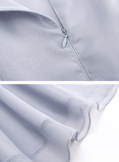 Grey Embroidery Three-Quarter Sleeve Chiffon Dress