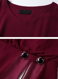 Wine Red Hit Color Stitching Chiffon Split Dress