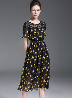 Chiffon Floral Print Lace Splicing A Line Dress