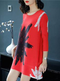 Red Print Fashion Three-quarter Sleeve Shift Dress