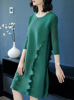 Green Ruffle Solid Color Loose Shift Dress
