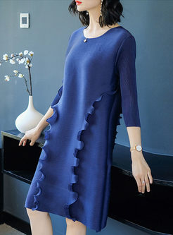 Blue Ruffle Solid Color Loose Shift Dress