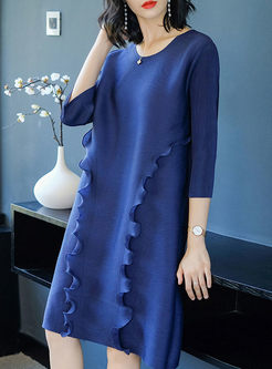 Blue Ruffle Solid Color Loose Shift Dress