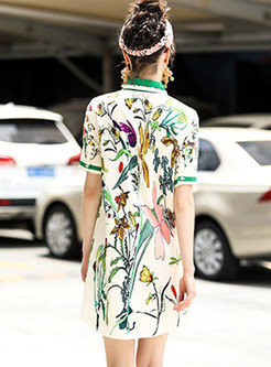 Green Floral Print Lapel Dress