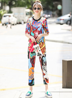 Casual Multicolor Printing Two-piece Outfits