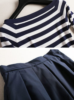 Casual Striped Knit Top & A Line Big Hem Skirt