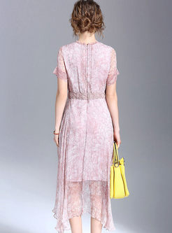 Pink Trendy Silk Asymmetric Waist Skater Dress