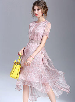 Pink Trendy Silk Asymmetric Waist Skater Dress