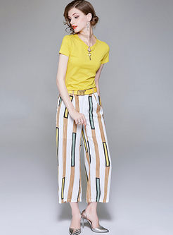 Yellow Slim Top & Fashion Striped Wide Leg Pants