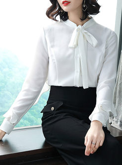 White Tied Long Sleeve Flouncing Blouse