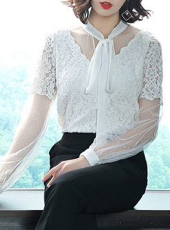 White Fashion Elegant Lace See Through Tied Blouse
