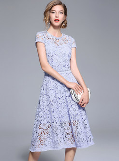 Lace Hollow Out Midi Dress With Underskirt
