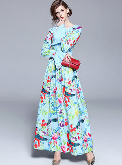 Floral Print Long Sleeve Gathered Waist Maxi Dress