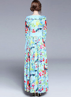 Floral Print Long Sleeve Gathered Waist Maxi Dress