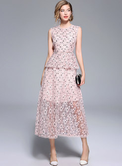 Pink Embroidery Lace Splicing Maxi Dress