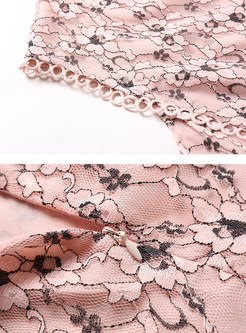 Pink Embroidery Lace Splicing Maxi Dress