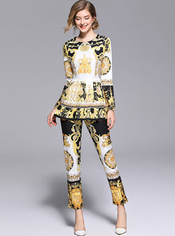 Long Sleeve Print Pullover Slim Pant Suits