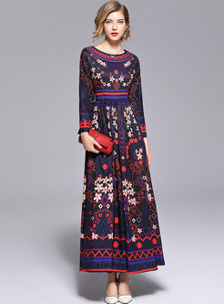 Ethnic Long Sleeve Print Big Hem Maxi Dress