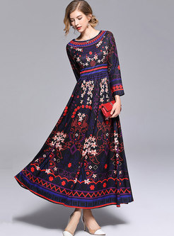 Ethnic Long Sleeve Print Big Hem Maxi Dress