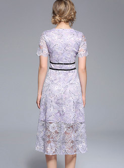 Elegant V-neck High Waist Lace Dress