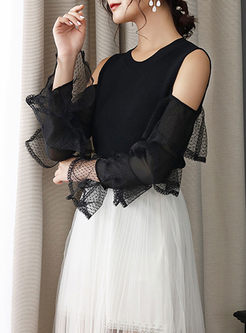 Black Layered Gauze Sleeve Knitted Top