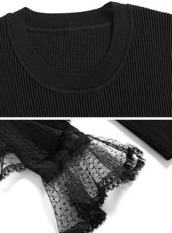 Black Layered Gauze Sleeve Knitted Top