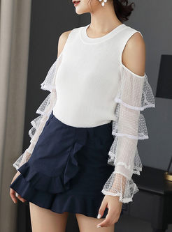 White Layered Gauze Sleeve Knitted Top