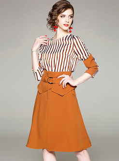 Khaki Long Sleeve Striped Top & High Waist Belted Skirt