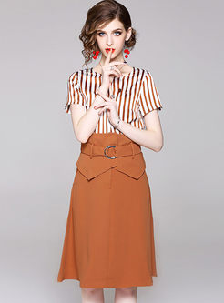 Fashion Short Sleeve Striped Top & High Waist Belted Skirt