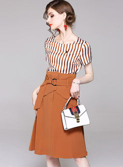 Fashion Short Sleeve Striped Top & High Waist Belted Skirt
