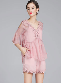 Pink Beaded Flare Sleeve Top & Straight Lace Shorts