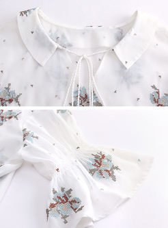 Chiffon Embroidery V-neck Flare Sleeve Top