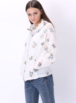 White Butterfly Print Hooded Zip-up Coat