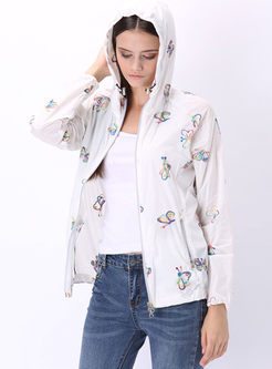 White Butterfly Print Hooded Zip-up Coat