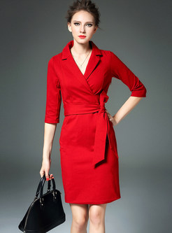 Red Belted Bowknot Commuting Bodycon Dress