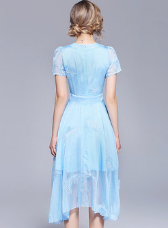 Blue Embroidery Asymmetric Hem Midi Dress
