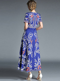 Ethnic Print Short Sleeve Maxi Dress