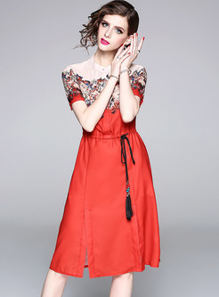 Red Floral Print Slit A Line Dress