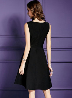 Black Embroidery High Waist A Line Dress