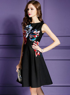 Black Embroidery High Waist A Line Dress